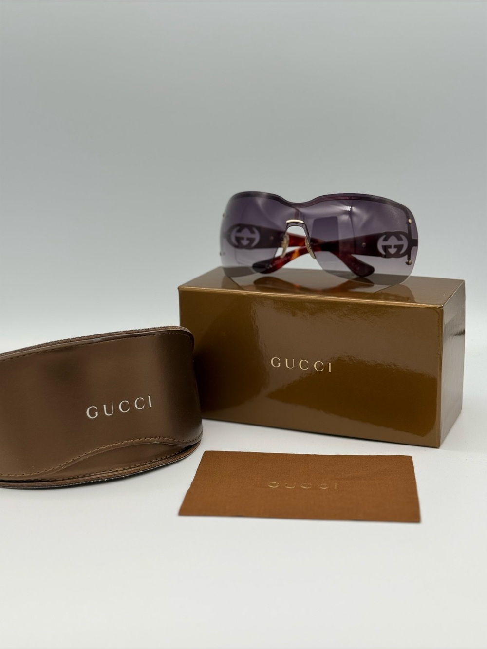 Gucci GG2797/S Shield Sunglasses Brown Gradient Oversized Rimless GG Logo Italy